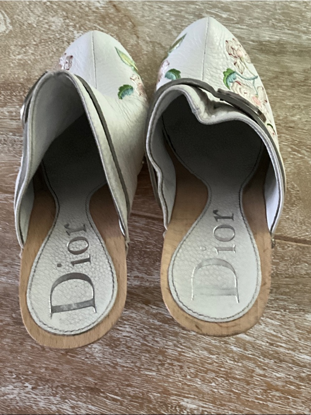Dior White Leather Floral Embroidered Slide Clogs with Silver Buckle - Picture 6 of 10